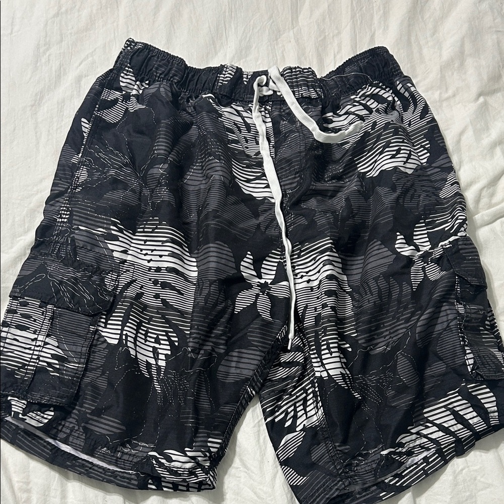 Black and White Floral Men's Swim Shorts